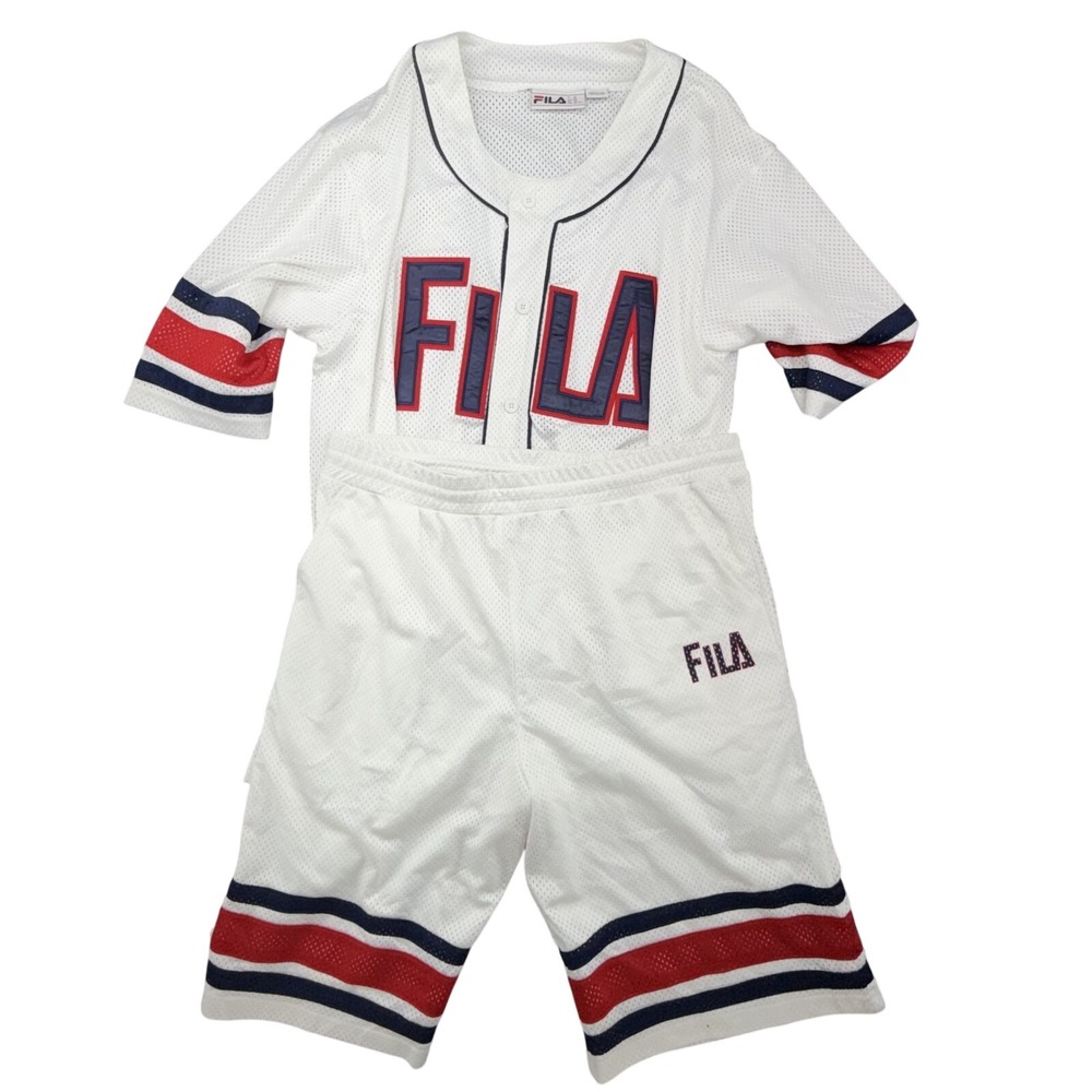 Fila Baseball Jersey and Shorts Set Mens 2XL White Red Navy Mesh Button Front